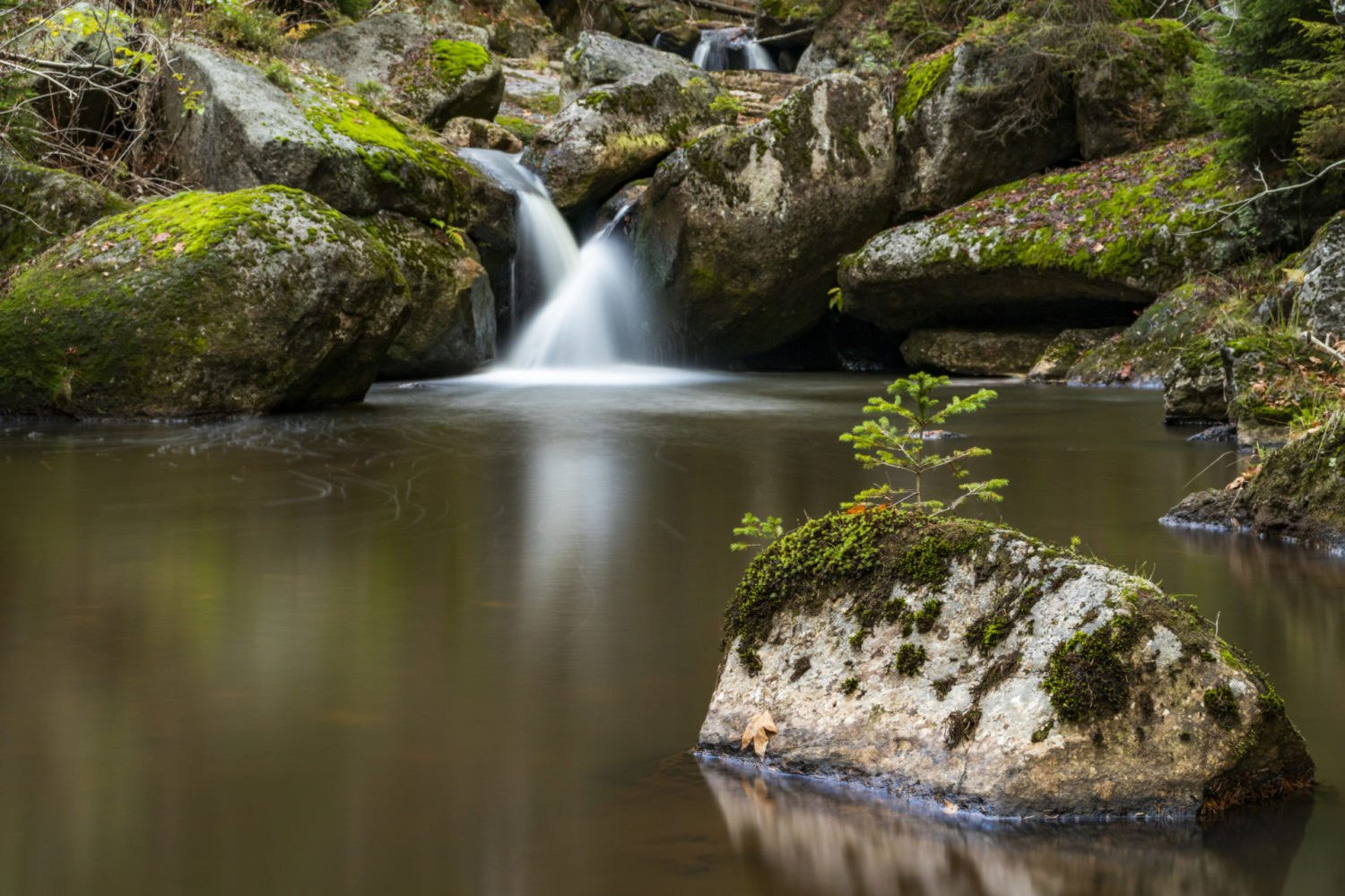 Vodopády na horské říčce Jedlová protékající přírodní rezervací Jedlový důl nedaleko Josefova Dolu – Jizerské hory