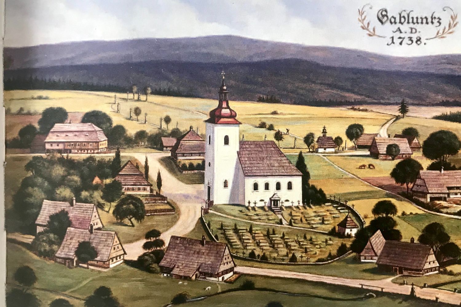 Dobový obrázek - idealizovaný obraz kostela svaté Anny a hřbitov v Jablonci nad Nisou