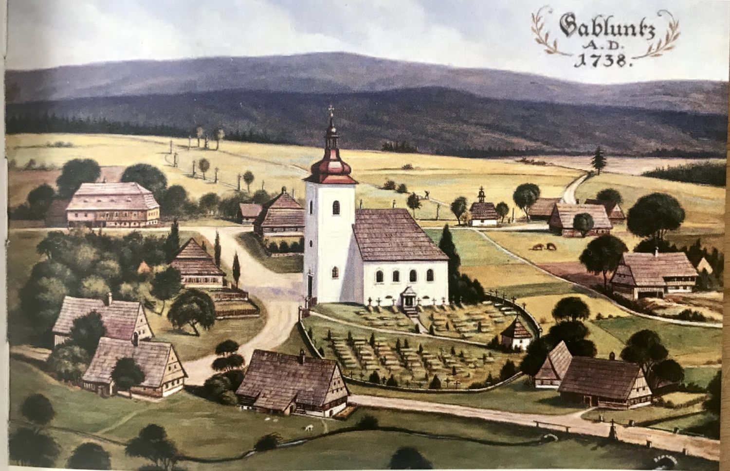 Dobový obrázek - idealizovaný obraz kostela svaté Anny a hřbitov v Jablonci nad Nisou
