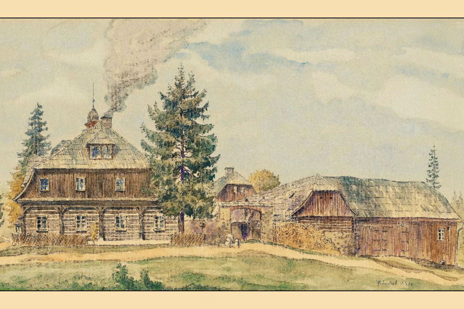 Kresba Josefa Václava Scheybala - Nová Louka - historický pohled