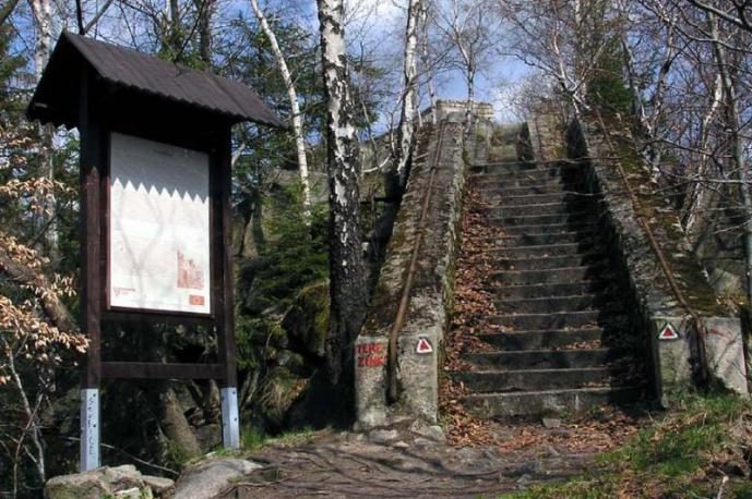 Stojan s turistickou mapou a kamenné schody na skalní vyhlídku Terezínka nad městem Tanvald.